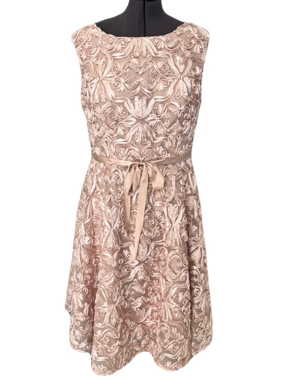Alex Evenings Pink Blush Nude Ribbon Rosette Fit & Flare Cocktail Dress, Size 14 - Picture 2 of 6